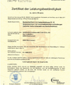 Zertifikat der Leistungsbeständigkeit für Brettschichtholz bis Festigkeitsklasse GL 32, Brettschichtholz mit Universalkeilzinkenverbindungen, Geklebte Verbundbauteile aus Brettschichtholz - EN 14080:2013